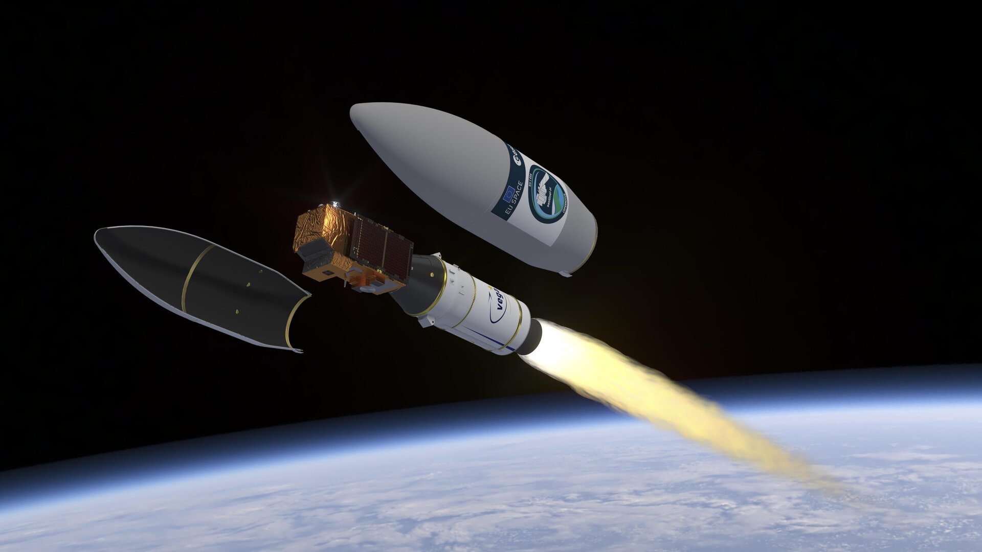 Artist s view of Sentinel 2C during fairing separation pillars